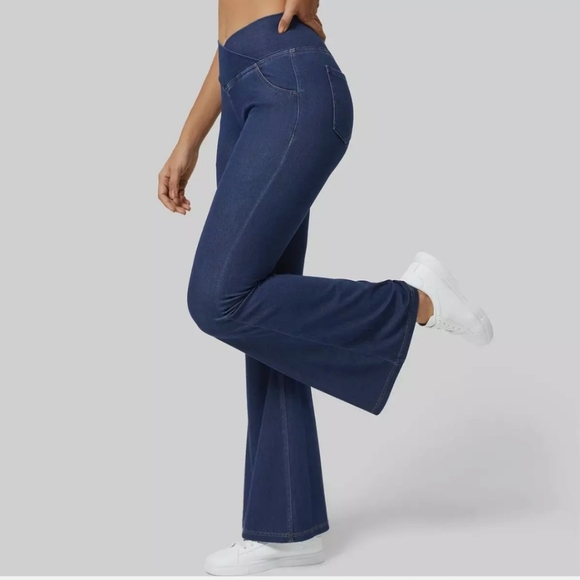 HALARA Denim - 31. New HALARA Lake Blue Denim Crossover Flare Wide Leg Jeans Size Medium Tall